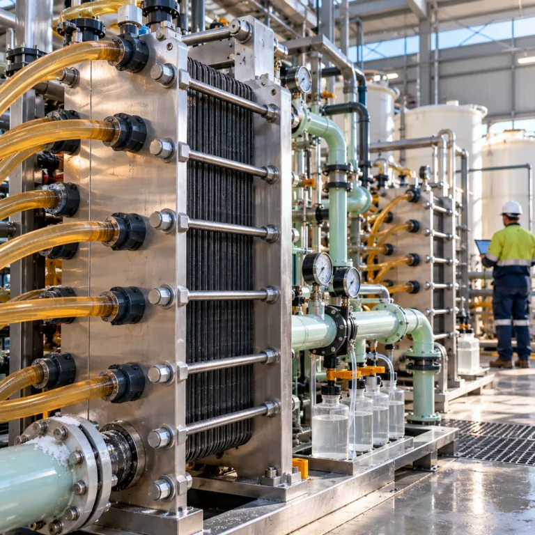 A modular lithium refining pilot plant at an oilfield brine site, with rows of electrochemical membrane stacks connected to brine pipelines, wellheads and a small solar array.