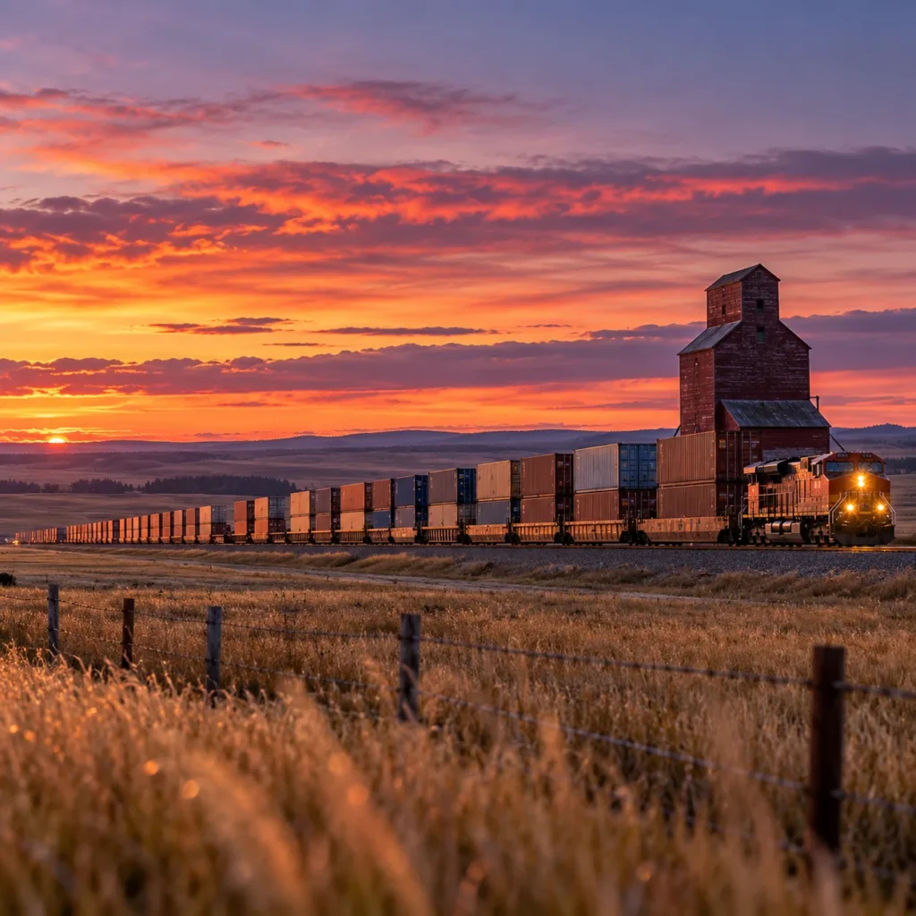 Direct lithium extraction columns and pallets of lithium carbonate at an Alberta prairie brine site, with a rail line leading toward a distant cathode materials factory.