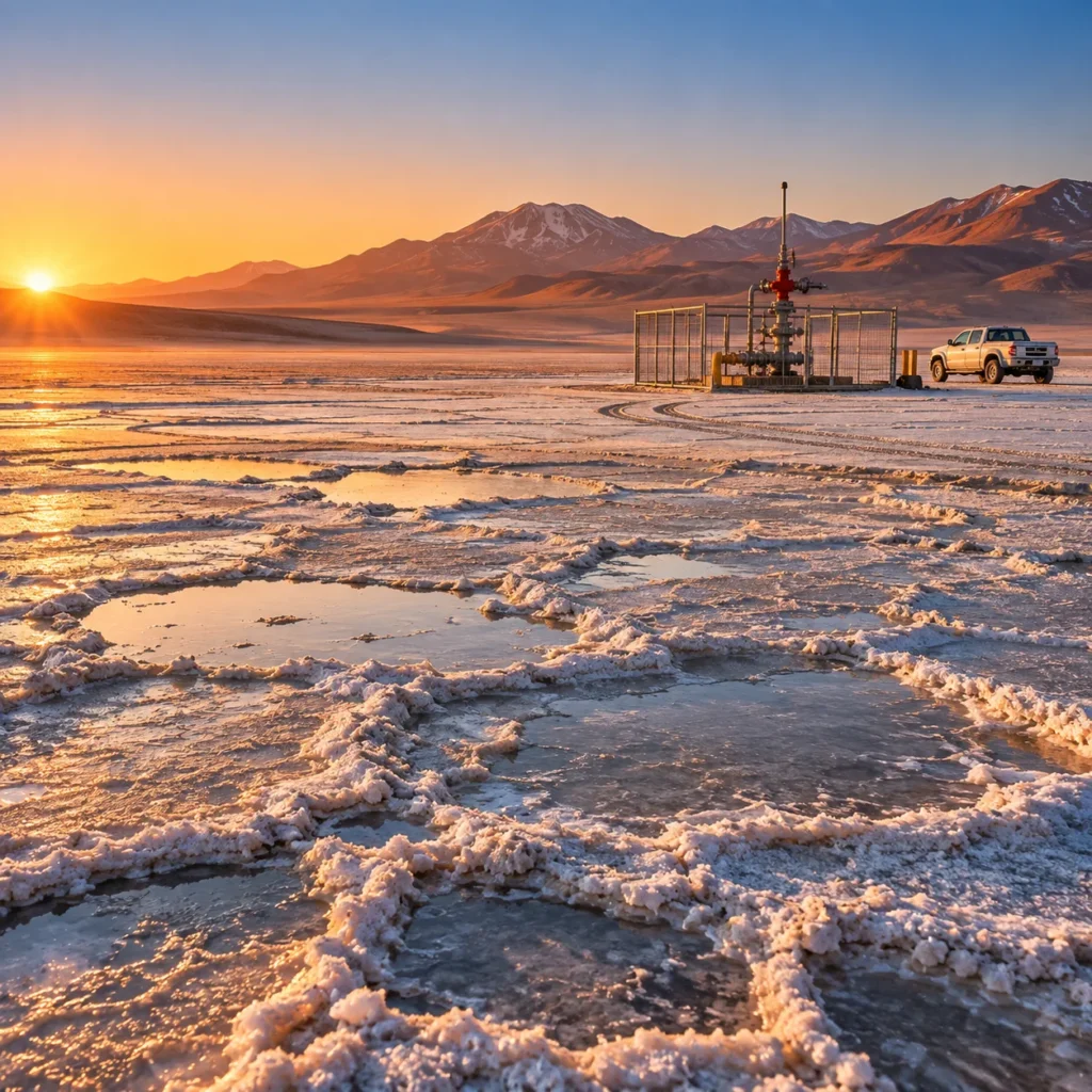 A drilling rig on a white salt flat in the Argentine Andes with a direct lithium extraction plant visible in the distance at dusk.