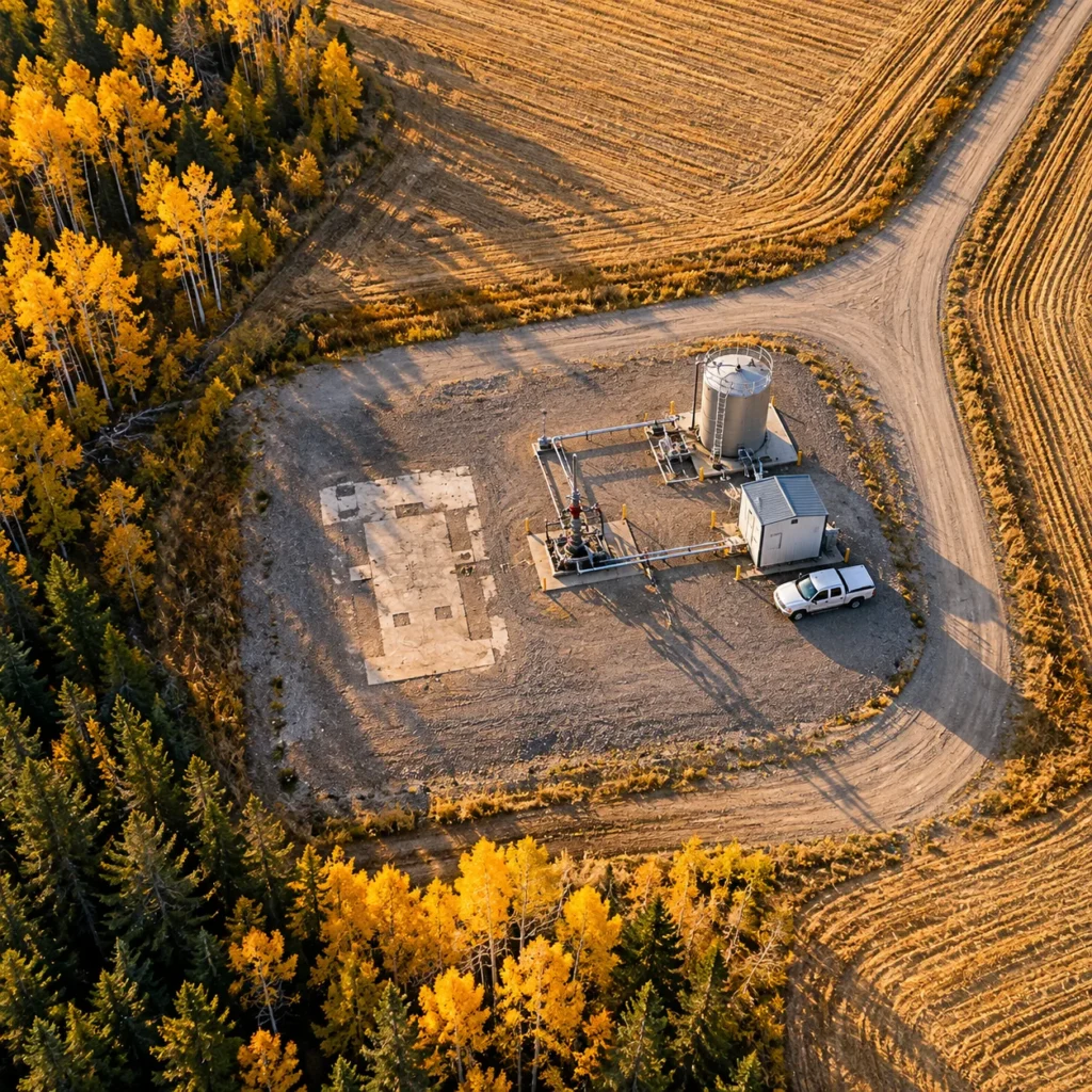 A converted oil wellhead in an Alberta forest clearing piped to compact modular lithium extraction units, with an idle pumpjack and power lines behind.
